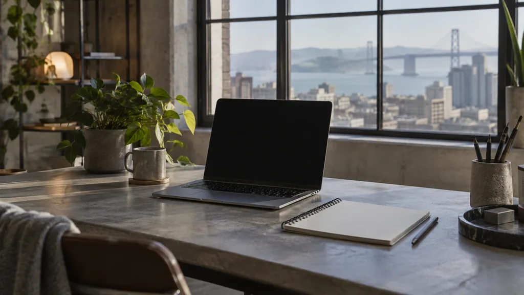 A San Francisco loft web development studio with a blank laptop screen and sketchbook on a concrete-topped desk in cool bay window light