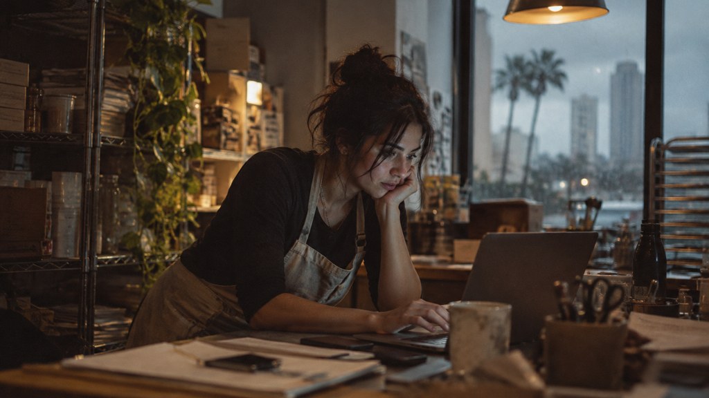 A small-business owner in an apron leaning over a laptop on a cluttered back-office desk late in the day, photographed in Tampa