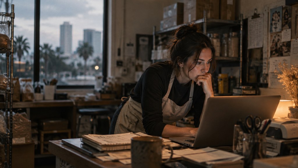A small-business owner in an apron leaning over a laptop on a cluttered back-office desk late in the day, photographed in Tampa