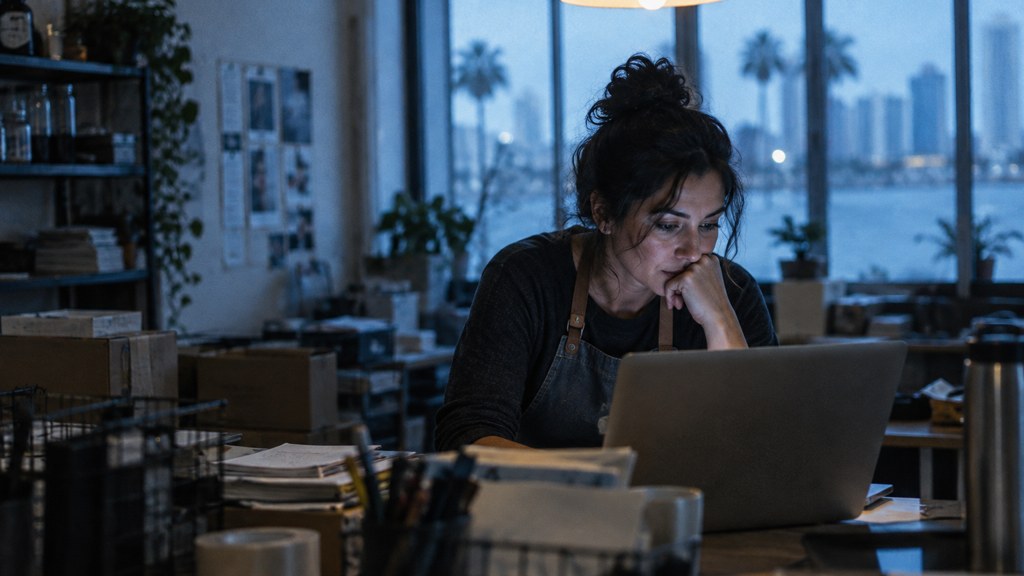 A small-business owner in an apron leaning over a laptop on a cluttered back-office desk late in the day, photographed in Tampa