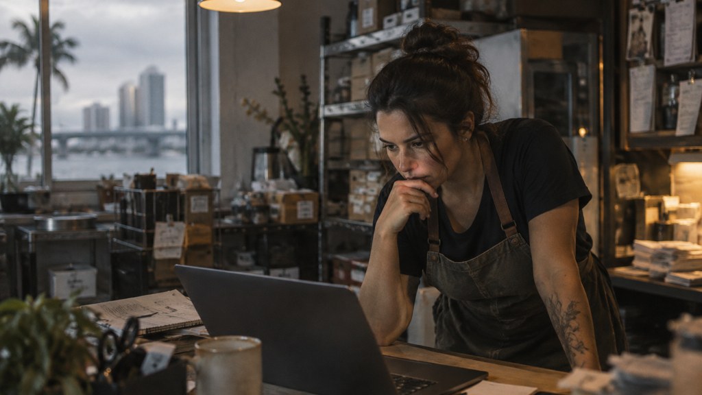 A small-business owner in an apron leaning over a laptop on a cluttered back-office desk late in the day, photographed in Tampa