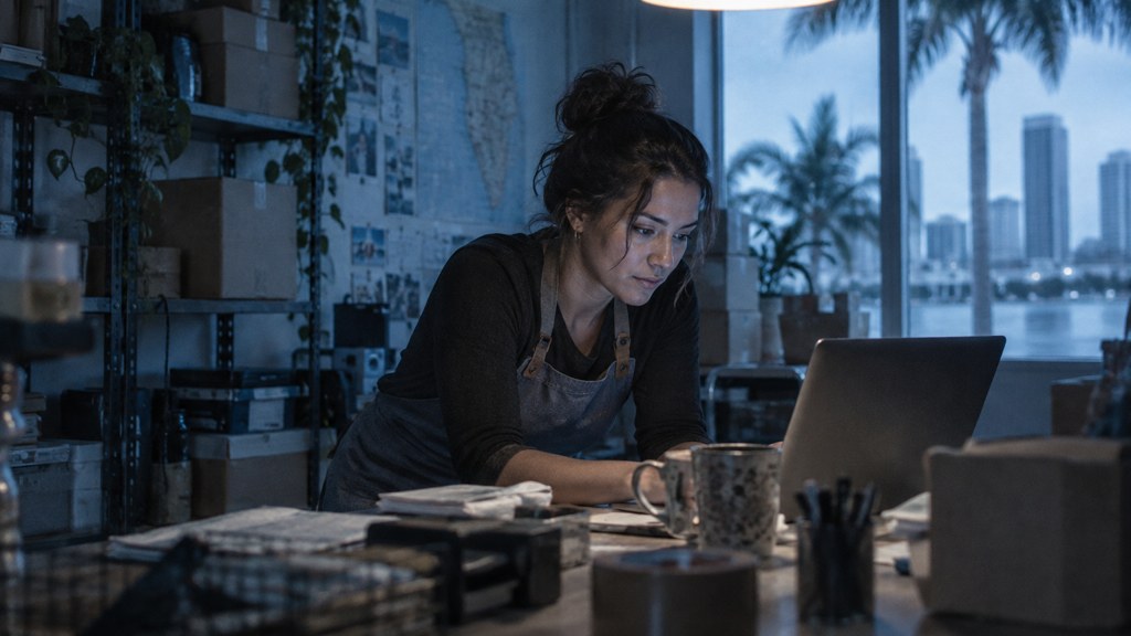 A small-business owner in an apron leaning over a laptop on a cluttered back-office desk late in the day, photographed in Tampa