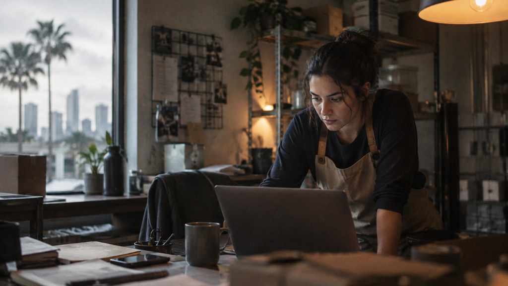 A small-business owner in an apron leaning over a laptop on a cluttered back-office desk late in the day, photographed in Tampa