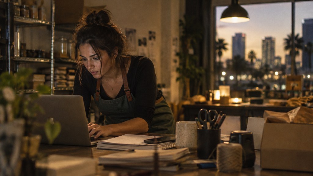 A small-business owner in an apron leaning over a laptop on a cluttered back-office desk late in the day, photographed in Tampa