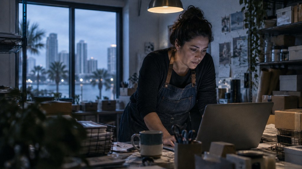 A small-business owner in an apron leaning over a laptop on a cluttered back-office desk late in the day, photographed in Tampa