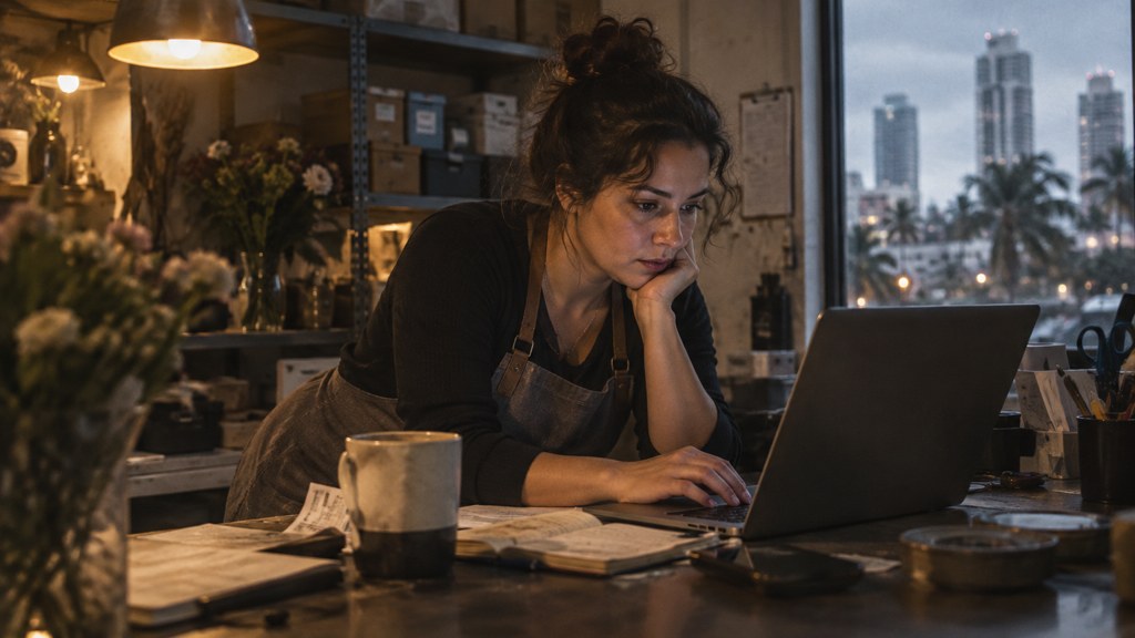 A small-business owner in an apron leaning over a laptop on a cluttered back-office desk late in the day, photographed in Tampa