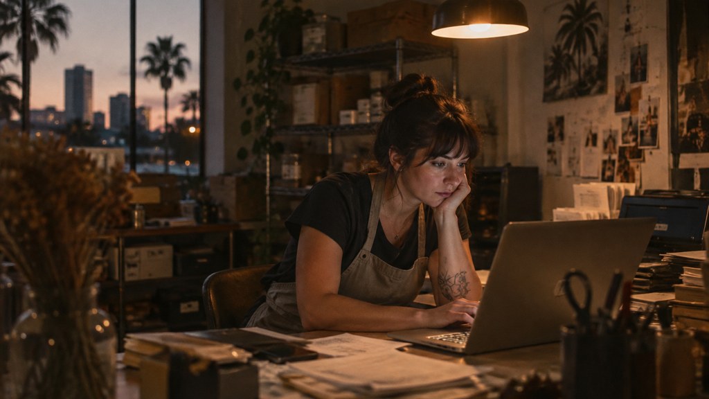 A small-business owner in an apron leaning over a laptop on a cluttered back-office desk late in the day, photographed in Tampa