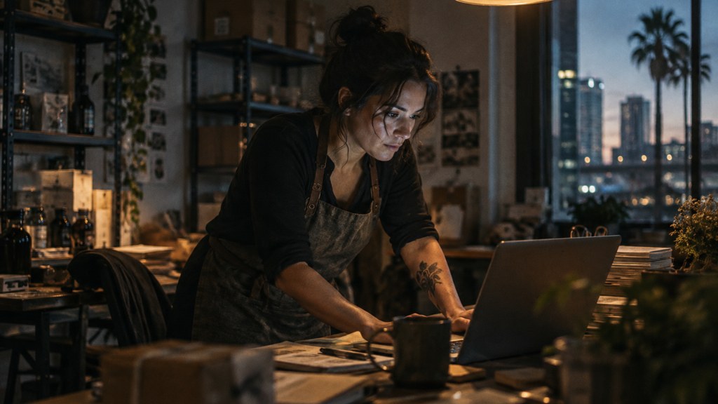 A small-business owner in an apron leaning over a laptop on a cluttered back-office desk late in the day, photographed in Tampa