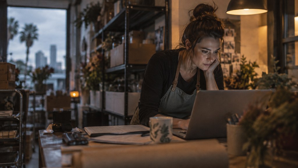 A small-business owner in an apron leaning over a laptop on a cluttered back-office desk late in the day, photographed in Tampa