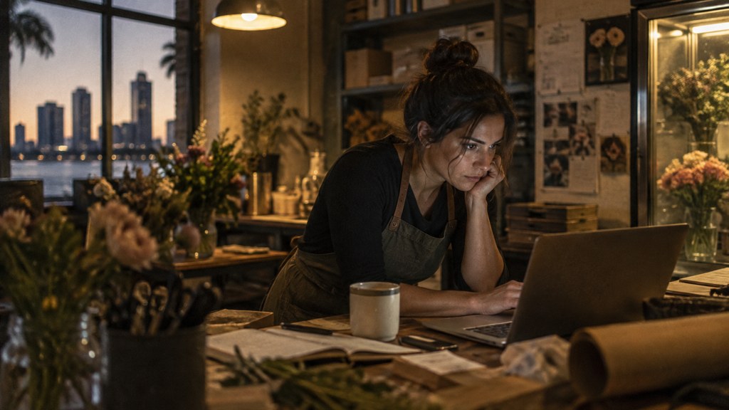 A small-business owner in an apron leaning over a laptop on a cluttered back-office desk late in the day, photographed in Tampa
