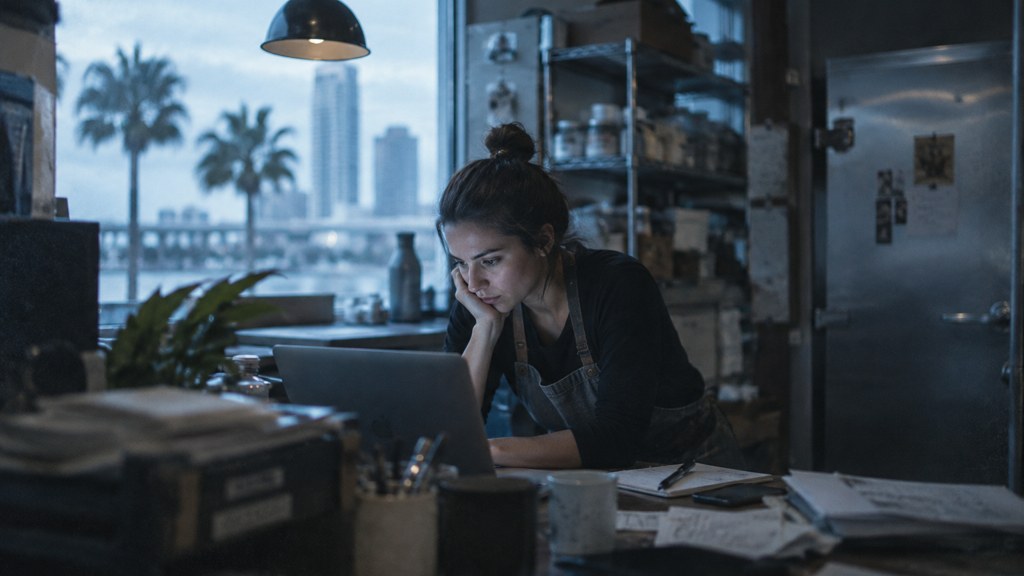 A small-business owner in an apron leaning over a laptop on a cluttered back-office desk late in the day, photographed in Tampa