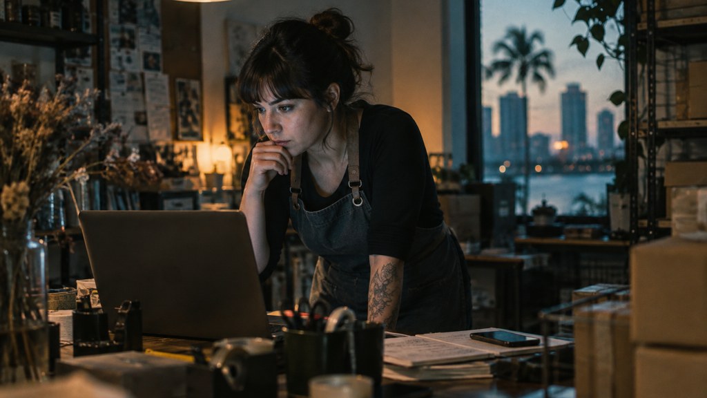 A small-business owner in an apron leaning over a laptop on a cluttered back-office desk late in the day, photographed in Tampa