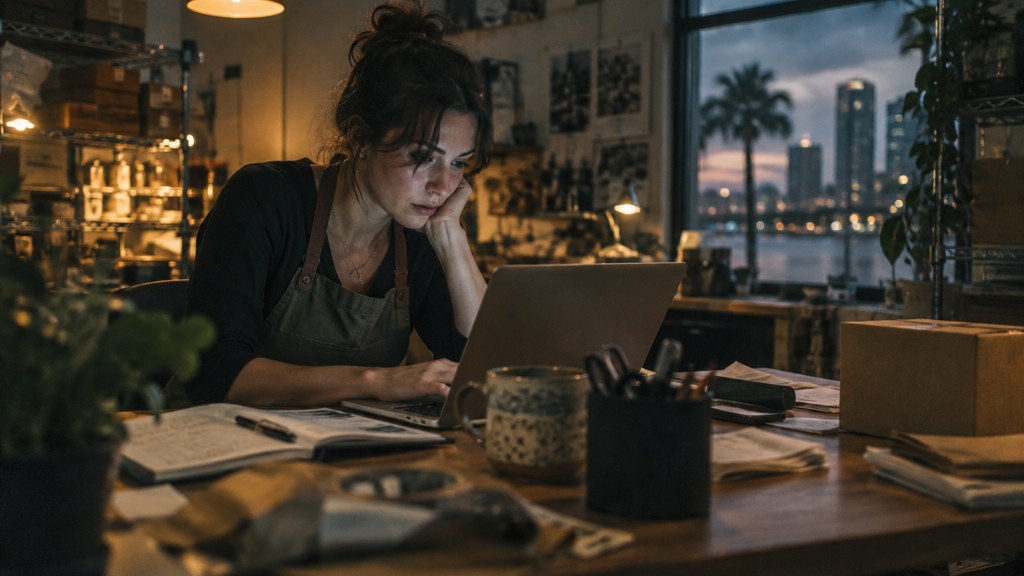 A small-business owner in an apron leaning over a laptop on a cluttered back-office desk late in the day, photographed in Tampa