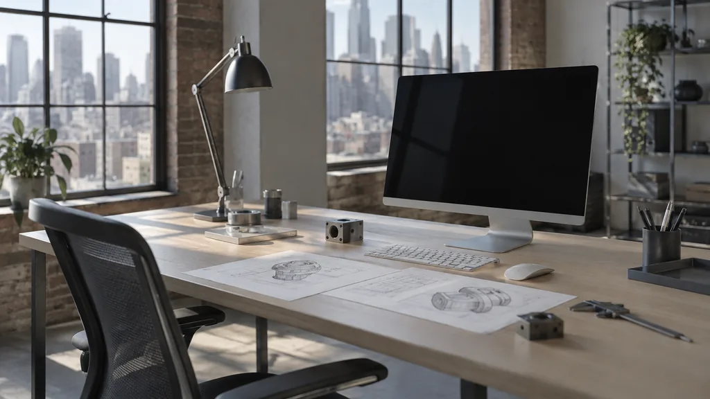 A Manhattan loft web design studio with a blank monitor and component sketches on a pale oak desk in cool morning light