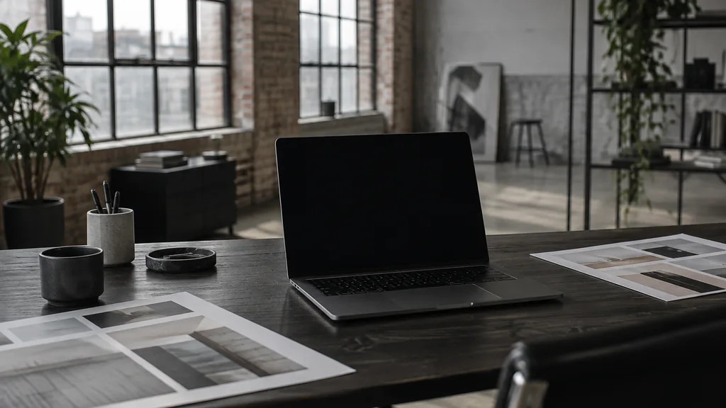 An East London warehouse web design studio with a blank laptop screen and layout printouts on a dark wood desk in soft grey daylight