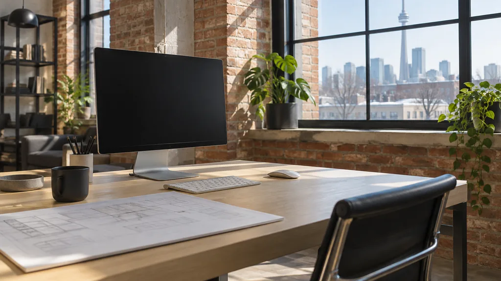 A Toronto brick-and-beam web design studio with a blank monitor and grid sketches on a light maple desk in clear winter light