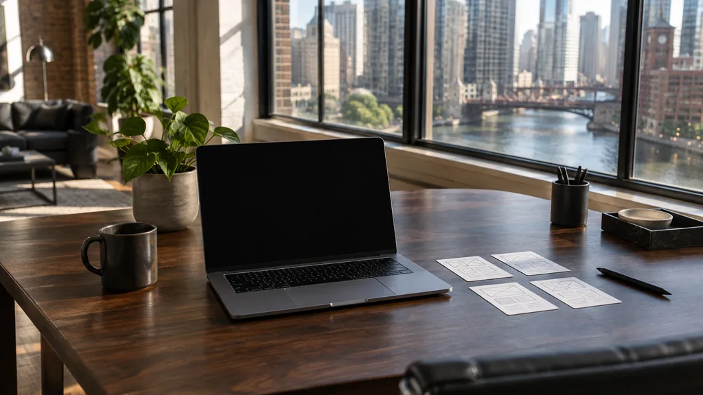 A Chicago river-loft web design studio with a blank laptop screen and wireframe cards on a dark walnut desk in crisp lake light