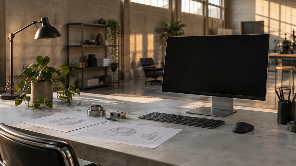 A Los Angeles warehouse web design studio with a blank monitor and component sketches on a pale concrete desk in warm afternoon light
