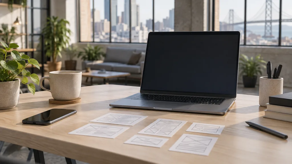A San Francisco SoMa web design studio with a blank laptop screen and wireframe cards on a light birch desk in soft coastal daylight