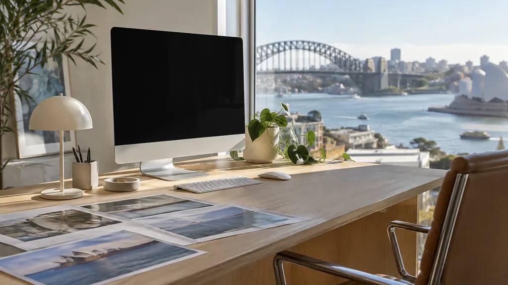 A Sydney harbourside web design studio with a blank monitor and layout printouts on a blonde timber desk in bright clear light