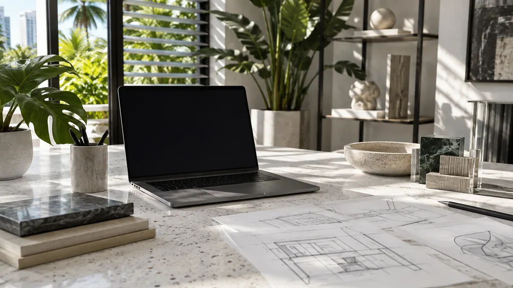 A Miami design-district web design studio with a blank laptop screen and grid sketches on a white terrazzo desk in bright tropical light