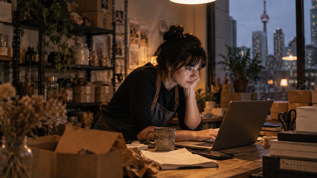 A small-business owner in an apron leaning over a laptop on a cluttered back-office desk late in the day, photographed in Toronto