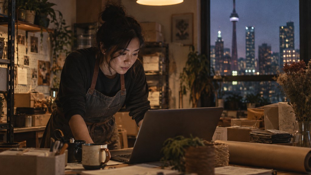 A small-business owner in an apron leaning over a laptop on a cluttered back-office desk late in the day, photographed in Toronto