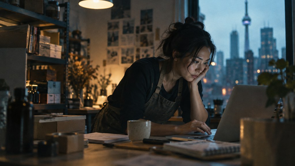 A small-business owner in an apron leaning over a laptop on a cluttered back-office desk late in the day, photographed in Toronto