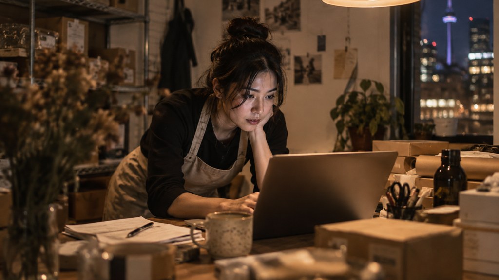A small-business owner in an apron leaning over a laptop on a cluttered back-office desk late in the day, photographed in Toronto