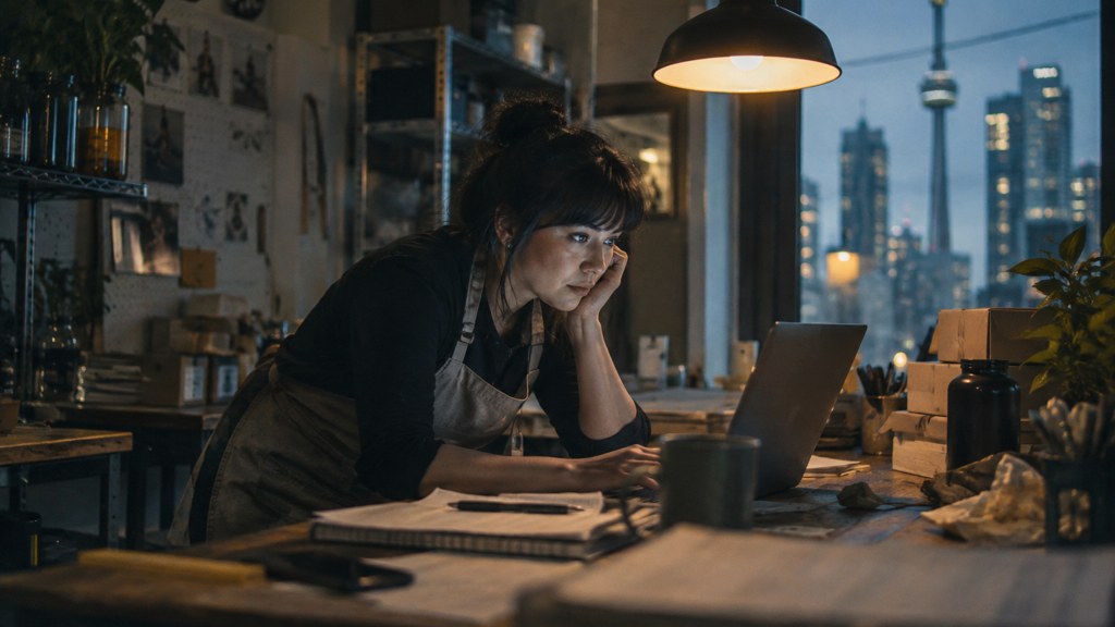 A small-business owner in an apron leaning over a laptop on a cluttered back-office desk late in the day, photographed in Toronto