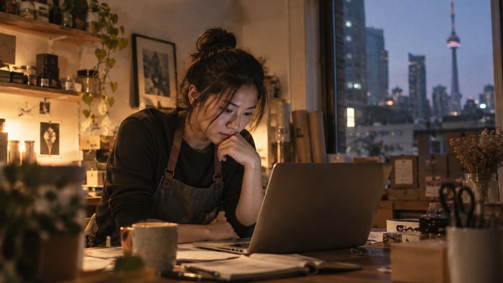 A small-business owner in an apron leaning over a laptop on a cluttered back-office desk late in the day, photographed in Toronto