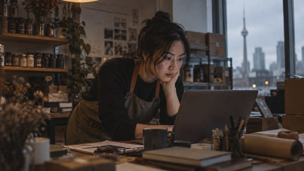 A small-business owner in an apron leaning over a laptop on a cluttered back-office desk late in the day, photographed in Toronto