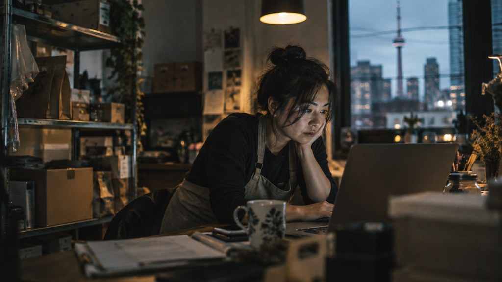 A small-business owner in an apron leaning over a laptop on a cluttered back-office desk late in the day, photographed in Toronto