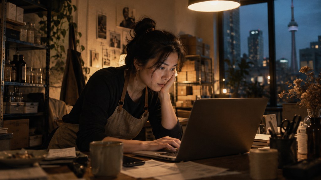 A small-business owner in an apron leaning over a laptop on a cluttered back-office desk late in the day, photographed in Toronto