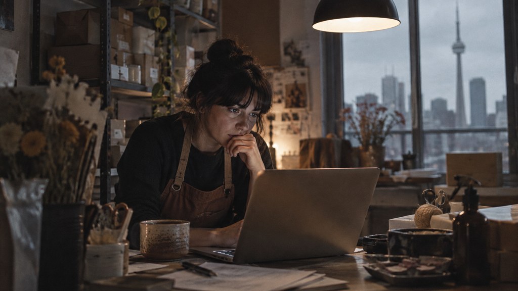 A small-business owner in an apron leaning over a laptop on a cluttered back-office desk late in the day, photographed in Toronto
