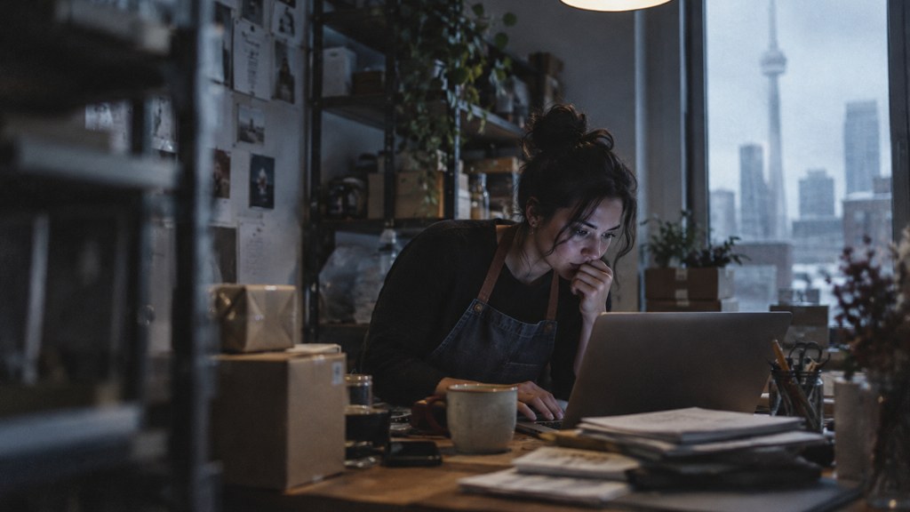 A small-business owner in an apron leaning over a laptop on a cluttered back-office desk late in the day, photographed in Toronto