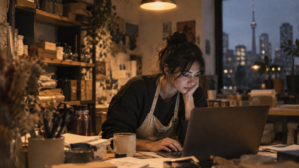 A small-business owner in an apron leaning over a laptop on a cluttered back-office desk late in the day, photographed in Toronto