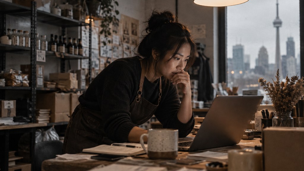A small-business owner in an apron leaning over a laptop on a cluttered back-office desk late in the day, photographed in Toronto