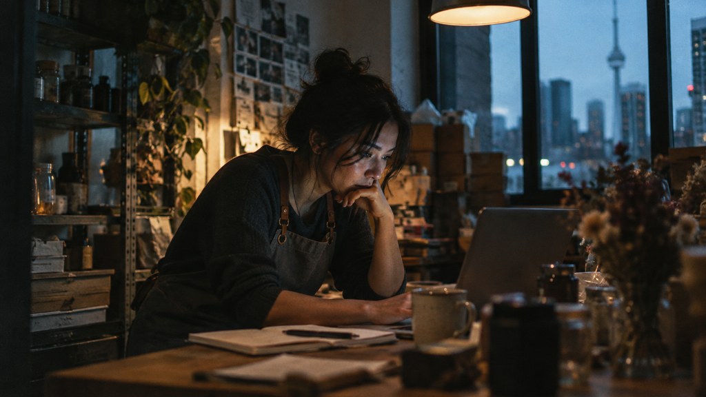 A small-business owner in an apron leaning over a laptop on a cluttered back-office desk late in the day, photographed in Toronto