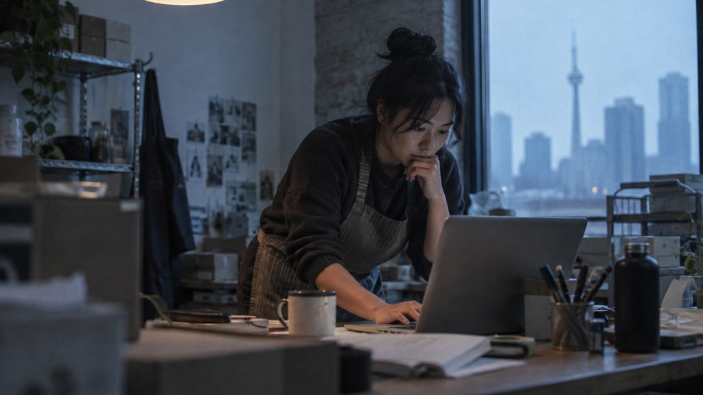 A small-business owner in an apron leaning over a laptop on a cluttered back-office desk late in the day, photographed in Toronto