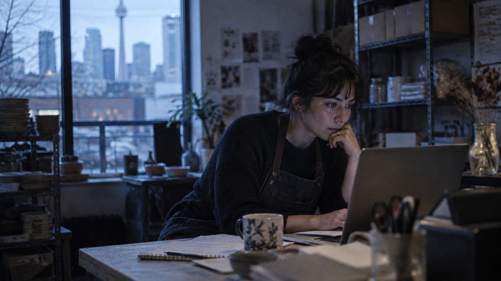 A small-business owner in an apron leaning over a laptop on a cluttered back-office desk late in the day, photographed in Toronto