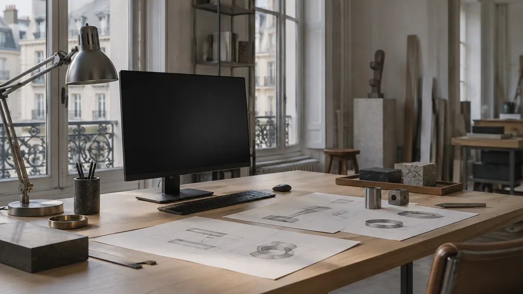 A Paris atelier web design studio with a blank monitor and component sketches on a pale oak desk in soft northern light