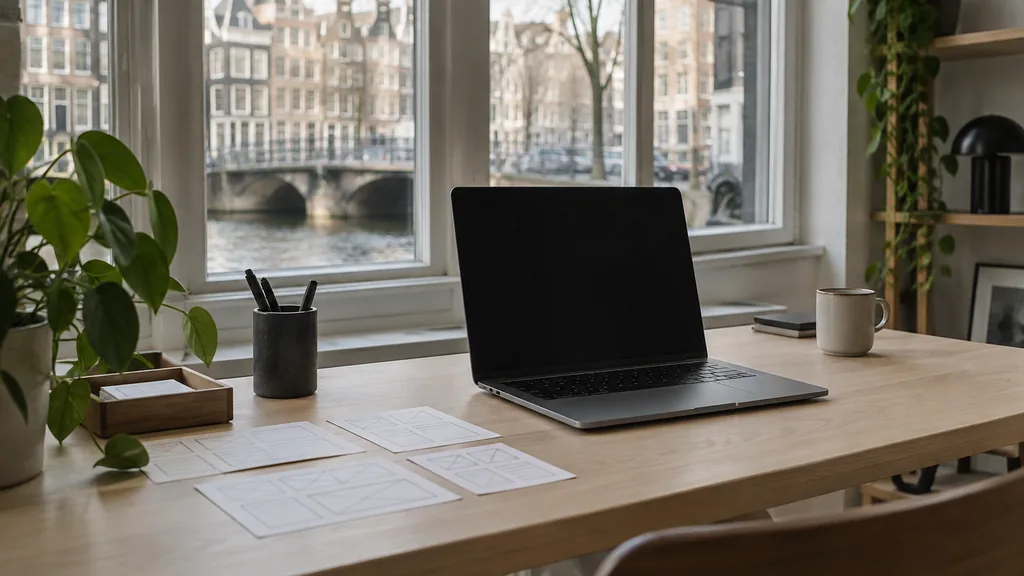 An Amsterdam canal-house web design studio with a blank laptop screen and wireframe cards on a light birch desk in cool daylight