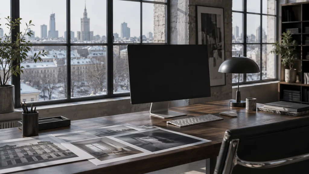 A Warsaw loft web design studio with a blank monitor and layout printouts on a dark walnut desk in clear winter light