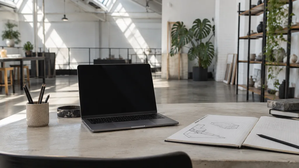 A Melbourne warehouse web design studio with a blank laptop screen and grid sketches on a pale concrete desk in bright southern light