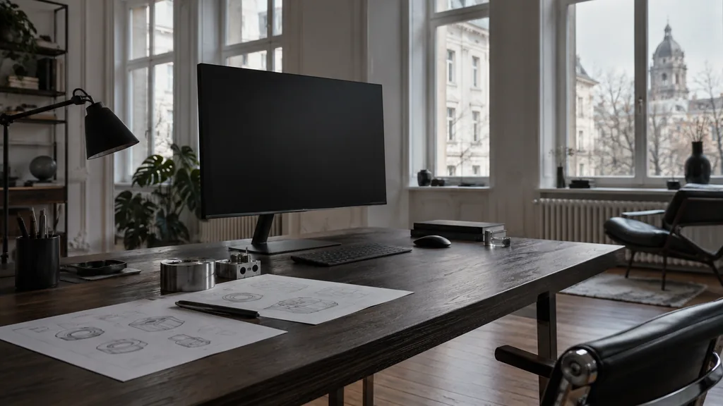 A Berlin Altbau web design studio with a blank monitor and component sketches on a dark oak desk in cool northern light
