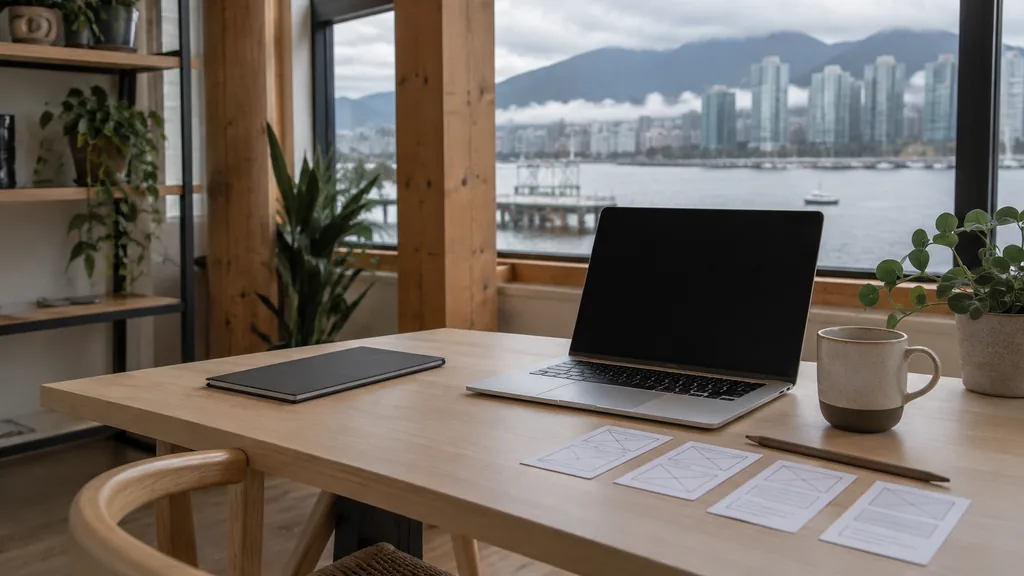 A Vancouver timber-framed web design studio with a blank laptop screen and wireframe cards on a pale fir desk in soft overcast coastal light