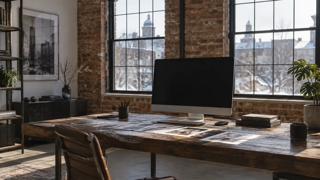 A Montreal brick loft web design studio with a blank monitor and layout printouts on a reclaimed wood desk in crisp winter light