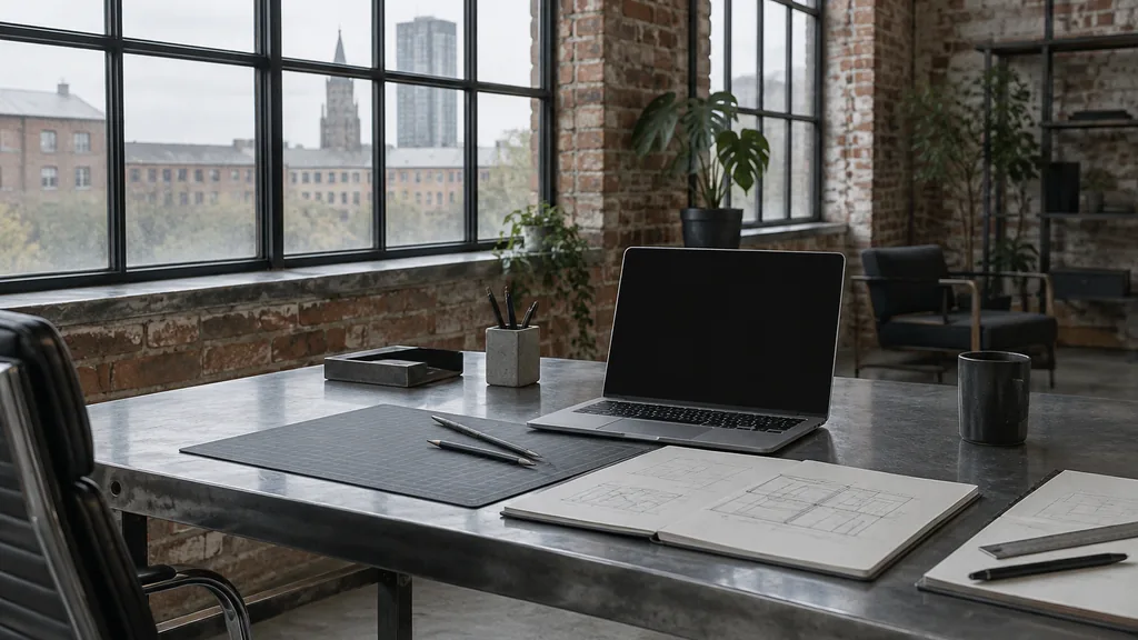 A Manchester converted mill web design studio with a blank laptop screen and grid sketches on a raw steel desk in grey daylight