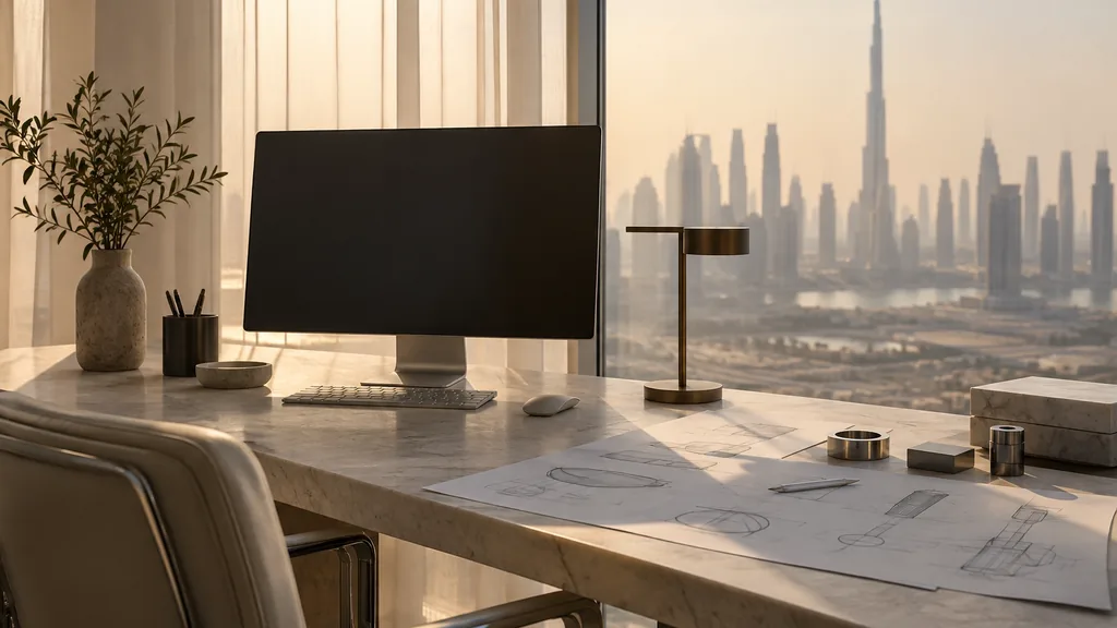 A Dubai high-rise web design studio with a blank monitor and component sketches on a pale stone desk in warm filtered desert light